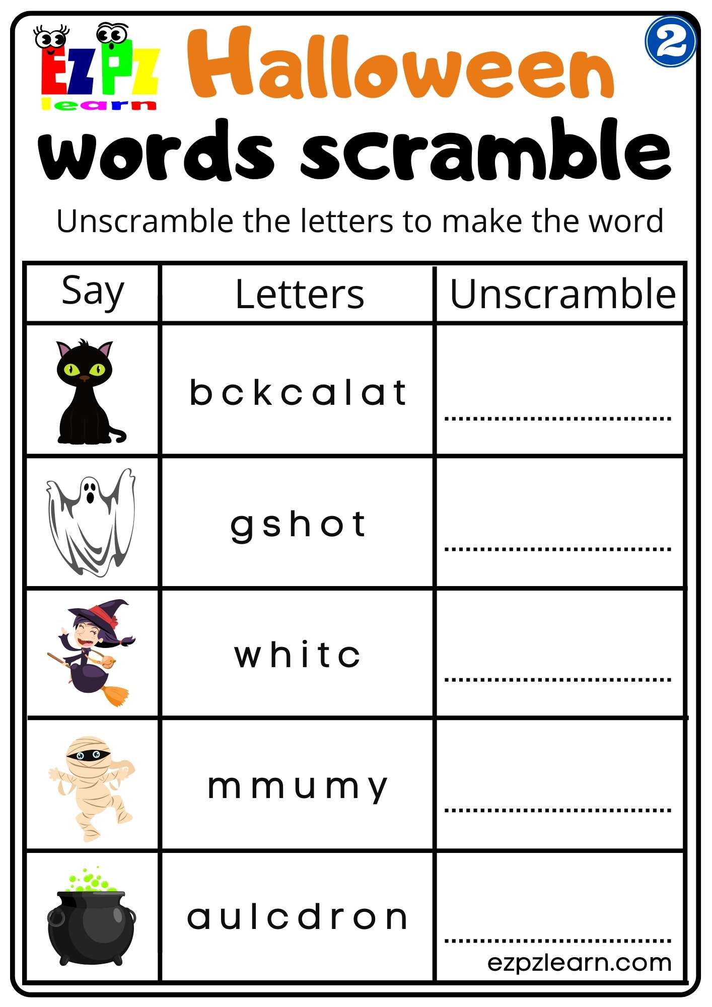 Group 2 Halloween Vocabulary Word Scramble Worksheet for Kids PDF Download
